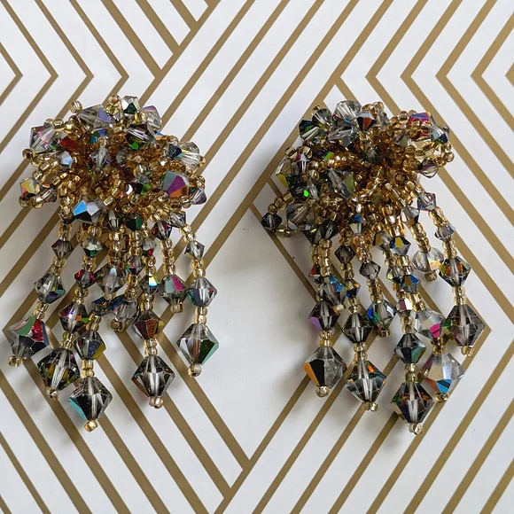 Vintage, Glam, Waterfall, faceted, sparkling Chandelier Drop Clip on Earrings - Picture 10 of 13